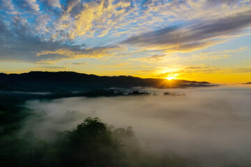 Fototapeta na wymiar Beautiful cloudscape during sunrise over a tropical forest in the Amazon of Ecuador covered in fog
