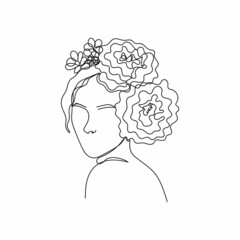 Vector continuous one single line drawing icon of beautiful pretty young woman girl lady with flowers hair in silhouette on a white background. Linear stylized.