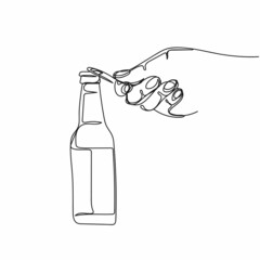 Vector continuous one single line drawing icon of bottle opener on a class beer bottle in silhouette on a white background. Linear stylized.