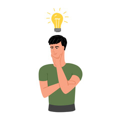 Man with a light bulb. Thinking, coming up with the idea, creating a new solution. Vector illustration.