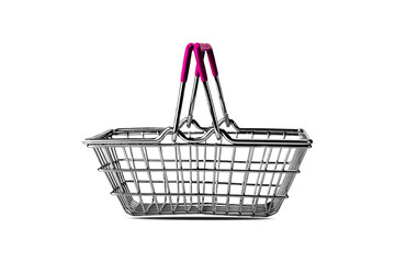 An empty shopping basket, made of chromed metal wire with a crimson rubber handle, on a white background. Isolate. Side view. Black Friday sales.