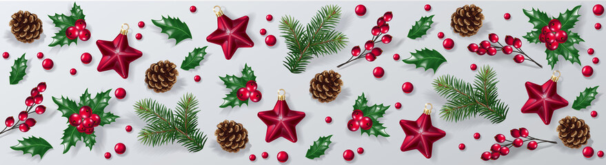 Christmas decorative background with festive decoration elements. New Year concept. 