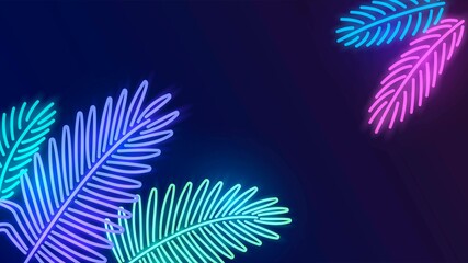 Dark background with blue glowing neon leaves of tropical plants in the corners