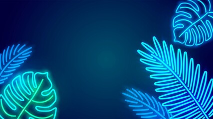Fototapeta na wymiar Dark background with blue glowing neon leaves of tropical plants