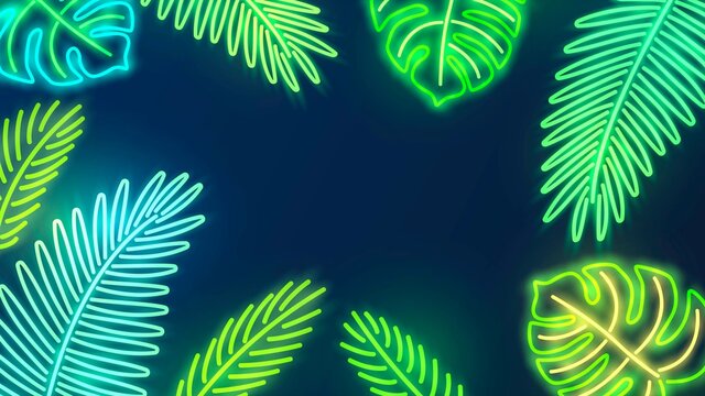 Dark background with frame of glowing neon tropical plant leaves