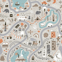 Children's World Map. Travel around the world play mat for Kids. Baby land map vector seamless pattern. Kids carpet with cute doodle roads, nature, city, village, forest, sea and wild animals etc.  © AllNikArt