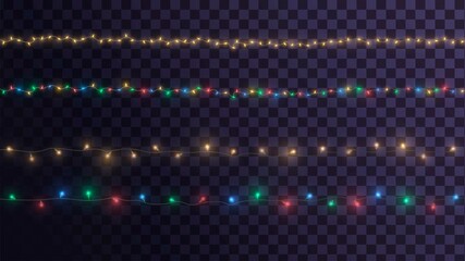 Set of stripes of multicolored and golden glowing garlands