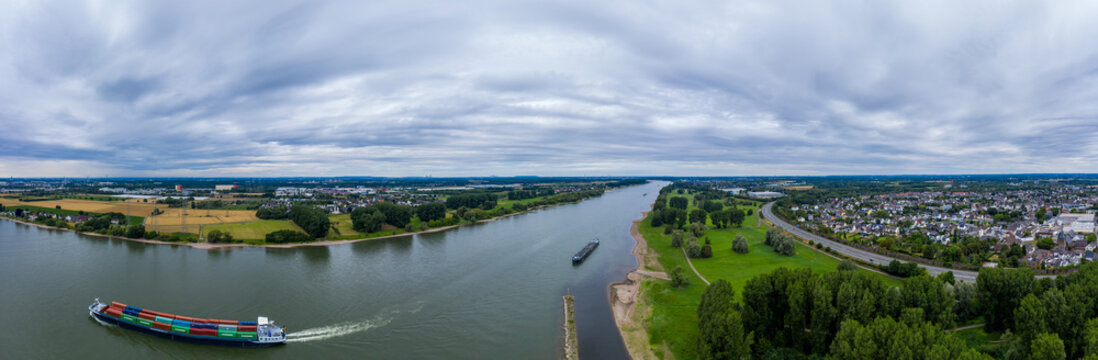 Panoramic view of the Rhine river near Leverkusen, Germany. Drone photography