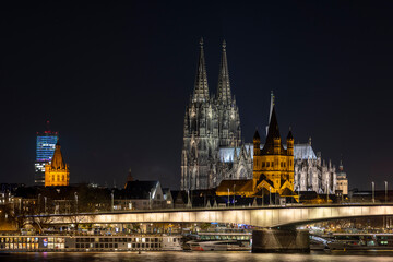 Illuminated Gothic style cathedral in Cologne, Germany