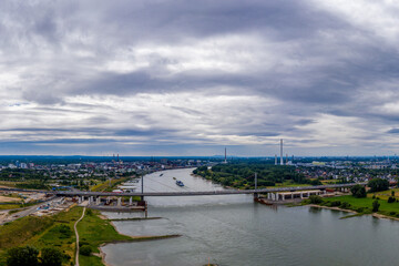 Obraz premium Panoramic view of the Rhine motorway bridge near Leverkusen, Germany. Drone photography.