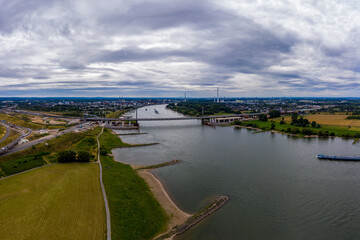Fototapeta na wymiar Panoramic view of the Rhine motorway bridge near Leverkusen, Germany. Drone photography.
