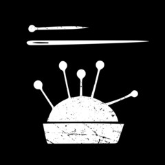 Vector images of pincushion and needles. Set, needlework, sewing, handmade, clothing. Retro, grunge, illustration, flat, minimalism. White on a black background.
