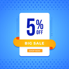 5% OFF Sale. Discount price. Marketing Announcement. Discount promotion. Special offer with 5% discount. White emblem on a blue background.