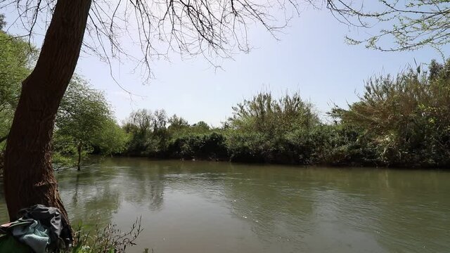 Flowing water in the lower Hermon River flows in northern Israel - the Golan Heights. In an area called Hanio Eucalyptus in the settlement of Sde Nehemia.