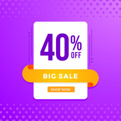 40% OFF Sale. Discount price. Marketing Announcement. Discount promotion. Special offer with 40% discount. White emblem on a lilac background.