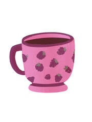 Illustration of cartoon mug with drink and and ornaments on isolated background for printing on postcards, t-shirts, menus and use as social media icons and menu and recipe book designs