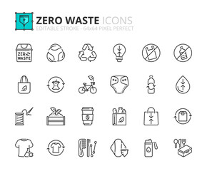 Simple set of outline icons about zero waste. Ecology concept.