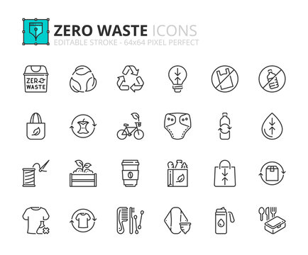 Simple set of outline icons about zero waste. Ecology concept.