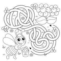 Maze or Labyrinth Game. Puzzle. Tangled road. Coloring Page Outline Of cartoon little bee with bucket of honey. Coloring book for kids.