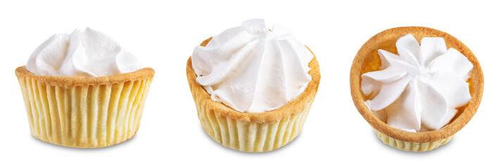 Sweet tartlets with cream on a white isolated background