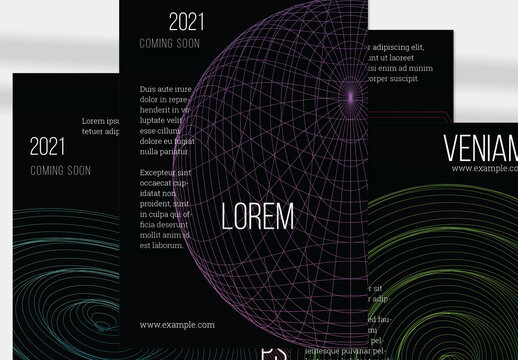 Flyer Layout with Geometric Wireframe Shapes on Black