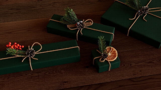 Wrapped Gifts with Hand Crafted Decorations. Seasonal Background.