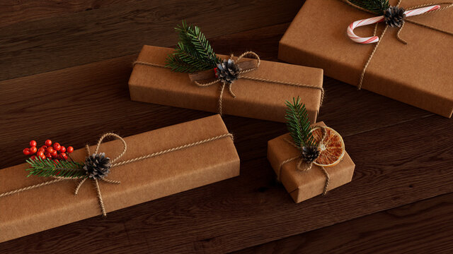 Christmas Presents with Homemade decorations, wrapped in Brown paper.