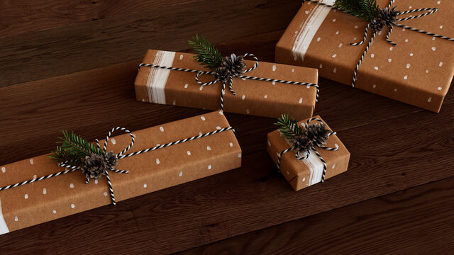 Christmas Presents with Eco-Friendly decorations, wrapped in Brown paper.