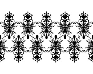 Black and white abstract seamless border with free hand. Floral illustration of leaves and curls. Design of ribbons and edges.