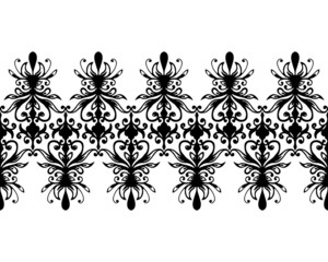 Black and white abstract seamless border with free hand. Floral illustration of leaves and curls. Design of ribbons and edges.