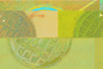 Glitch art. Data bending. Data moshing. Transcoding. Cyberpunk vaporwave concept. Yellow error backdrop. Aesthetic. Glitched city street manhole.
