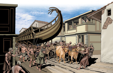 Ancient Rome - Ship pulled on chariots through the streets of the city