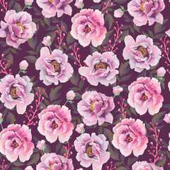 Pink rabbit and peonies, seamless bright floral pattern for fabric, printing on paper, tiles, film. Delicate pink flowers. Floral background.