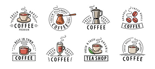 Coffee, tea set labels. Design elements or restaurant menu, cafe