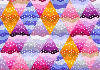 Beautiful seamless patchwork pattern from colorful rhombus patches with polka dot and waves.