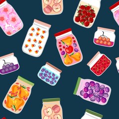 Colorful seamless pattern with glass jars with fruits, berries, flowers and vegetables. Vector illustration.