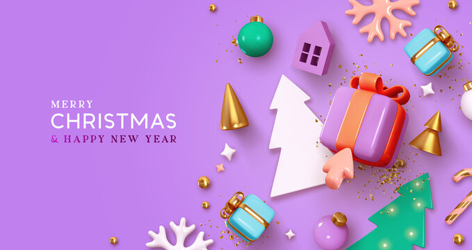 Christmas and New Year festive background with realistic 3d Xmas decorations. Holiday banner, web poster, page for website. Top flat lay. Gift card. Colorful seasonal composition. Vector illustration