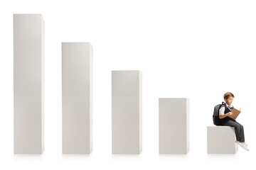 Schoolboy in a uniform sitting on a column from a diagram