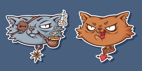 Funny cat faces - cat pirate and cat in love. Cartoon cats stickers.