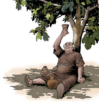 Drunk old man from Ancient Rome drinks wine sitting under a tree