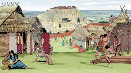 Obraz premium Ancient Rome in its early days, when it was still just a simple collection of wooden huts with grainy background