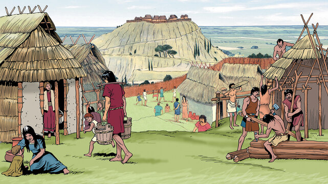 Ancient Rome in its early days, when it was still just a simple collection of wooden huts with grainy background