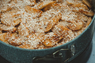Close-up of raw apple pie in baking dish