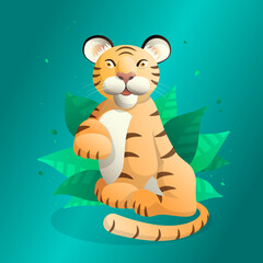 Cartoon tiger isolated on turquoise background with green leaves.