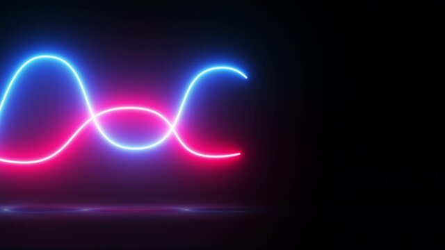 Abstract background pink blue neon light, glowing dynamic wavy lines on the floor, ultraviolet spectrum