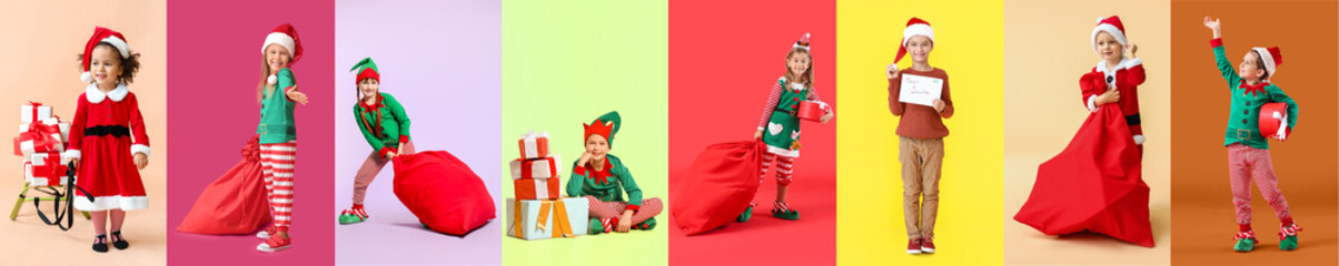 Little African-American girl in Santa costume, with gifts and sledges on color background
