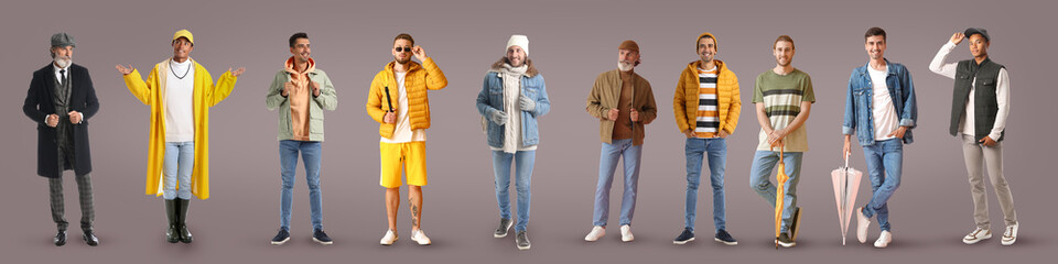 Group of stylish men in autumn clothes on grey background - Powered by Adobe