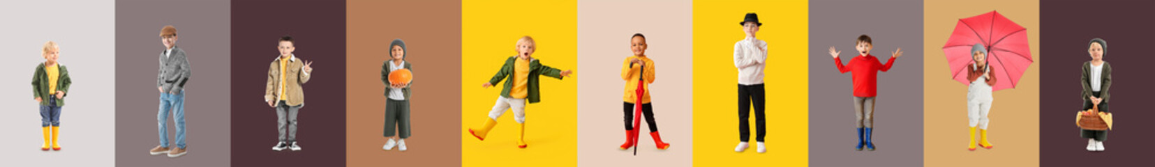 Group of stylish little boys in autumn clothes on color background - obrazy, fototapety, plakaty