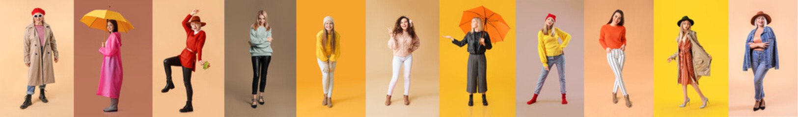 Group of stylish women in autumn clothes on color background