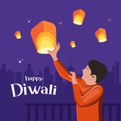 Diwali celebration vector with Indian lanterns in sky background 
